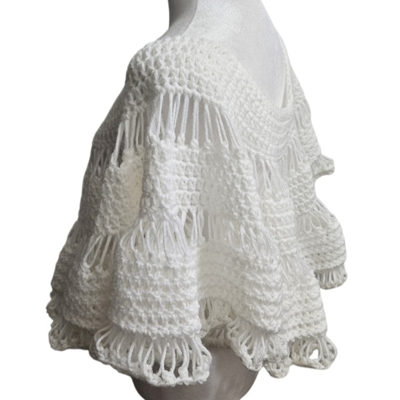 Handmade White Crochet Ruffle Beach Top Boho Sheer 3-in-1 Poncho Cover-Up Open - Picture 5 of 17